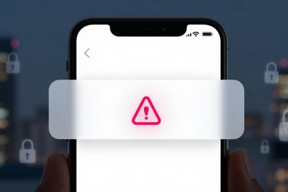 Smartphone screen displaying a red warning triangle with an exclamation mark. Blurred cityscape and padlock icons in the background.