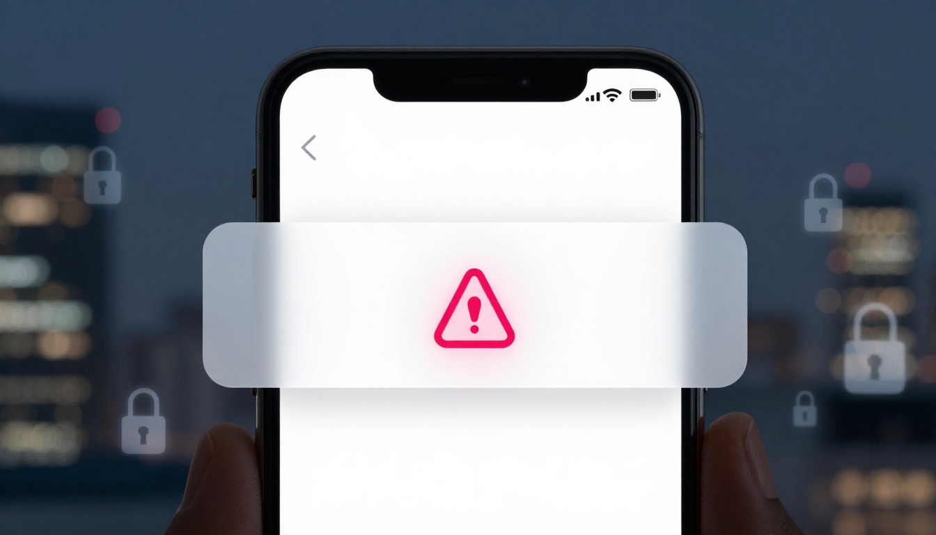 Smartphone screen displaying a red warning triangle with an exclamation mark. Blurred cityscape and padlock icons in the background.