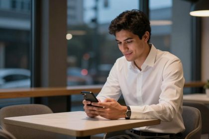 A man in a white shirt is sitting at a table in a cafe, looking at his smartphone. The setting is modern with large windows and soft lighting.
