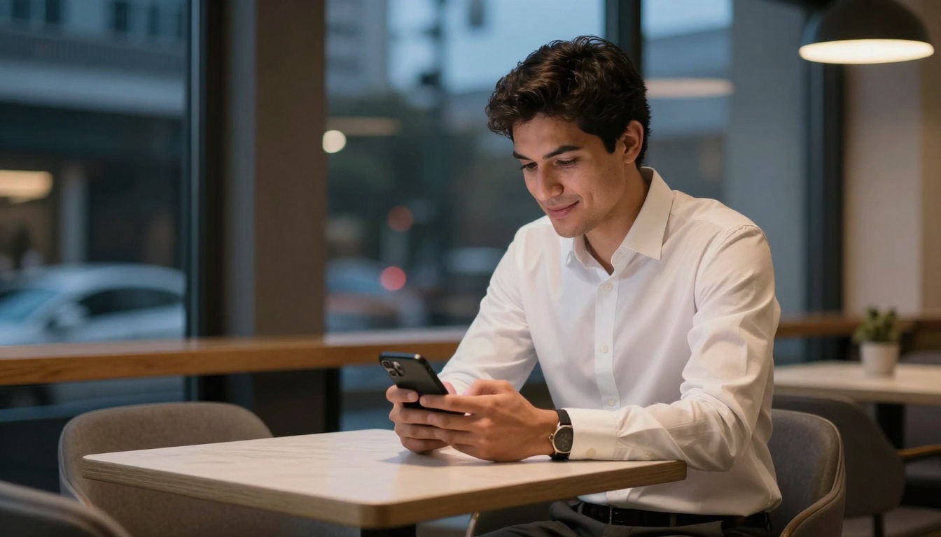 A man in a white shirt is sitting at a table in a cafe, looking at his smartphone. The setting is modern with large windows and soft lighting.