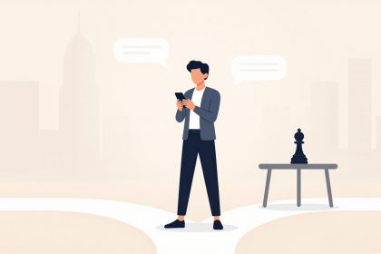 A person stands on a path holding a smartphone, with speech bubbles overhead. Nearby, a table holds a large chess piece. A cityscape is in the background.