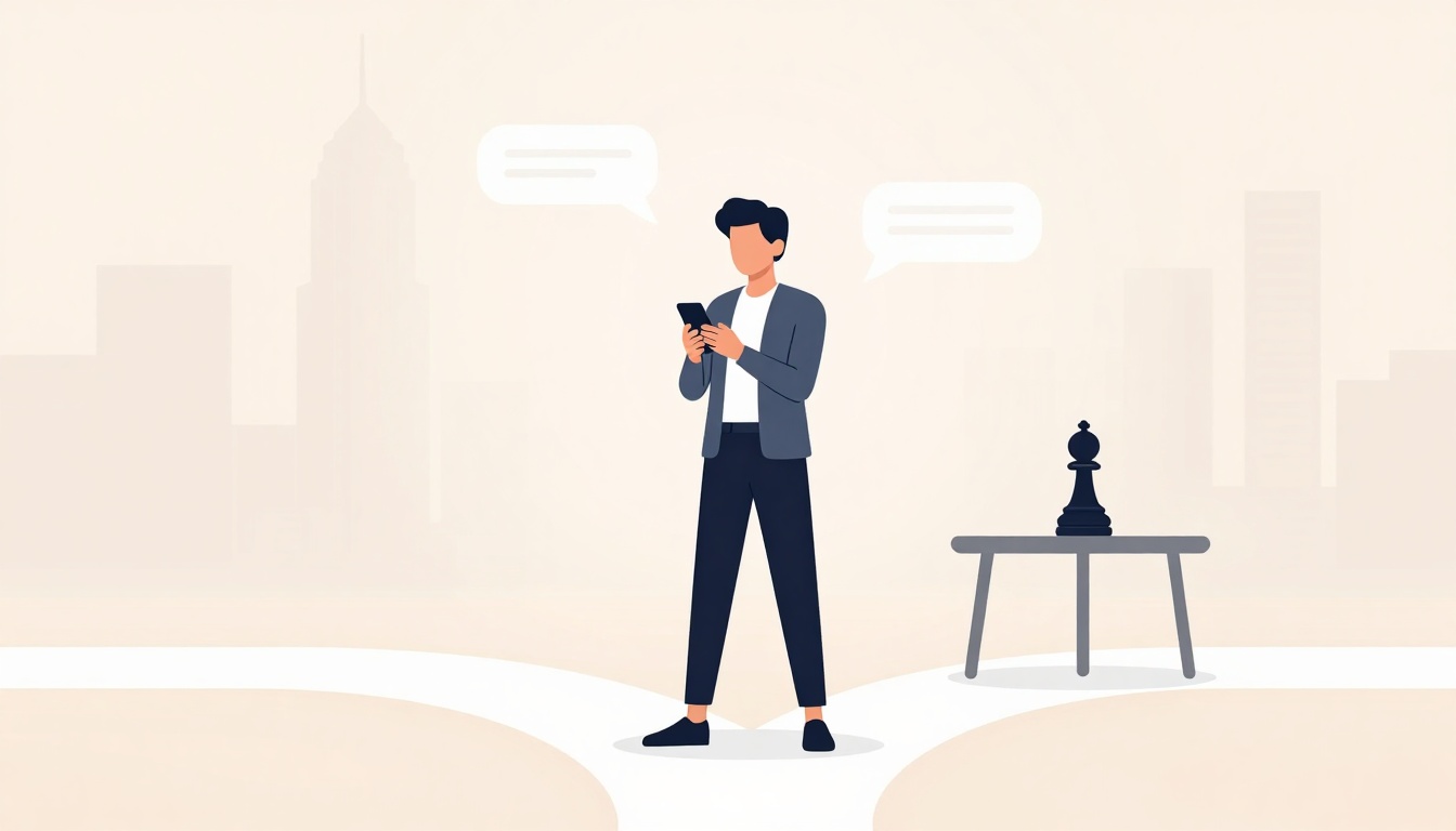 A person stands on a path holding a smartphone, with speech bubbles overhead. Nearby, a table holds a large chess piece. A cityscape is in the background.