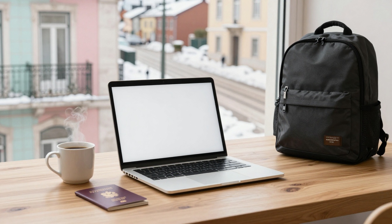 A laptop with a blank screen sits on a wooden table next to a steaming mug, a passport, and a black backpack. Snowy buildings are visible through the window.