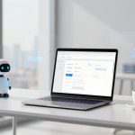 A small robot with blue accents stands on a white table next to a laptop displaying a web page. A cup of coffee is nearby, and digital graphs float in the air.