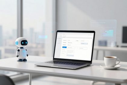 A small robot with blue accents stands on a white table next to a laptop displaying a web page. A cup of coffee is nearby, and digital graphs float in the air.