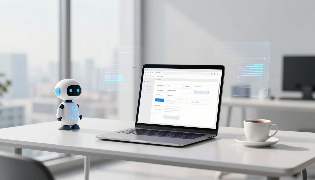 A small robot with blue accents stands on a white table next to a laptop displaying a web page. A cup of coffee is nearby, and digital graphs float in the air.