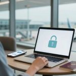 A person sitting at an airport terminal table using a laptop displaying a padlock icon on the screen. A smartphone and a passport are nearby. An airplane is visible outside the window.