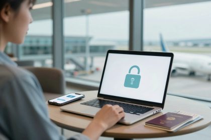 A person sitting at an airport terminal table using a laptop displaying a padlock icon on the screen. A smartphone and a passport are nearby. An airplane is visible outside the window.