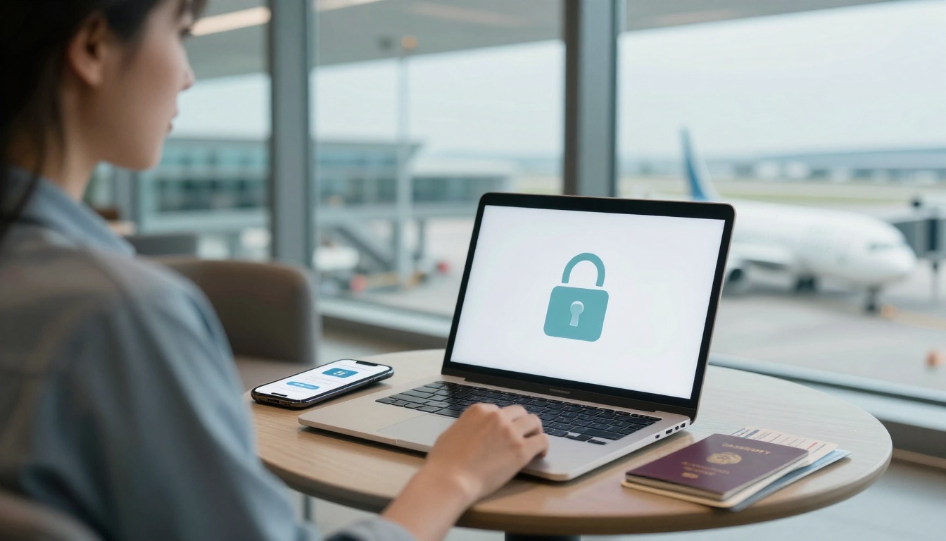 A person sitting at an airport terminal table using a laptop displaying a padlock icon on the screen. A smartphone and a passport are nearby. An airplane is visible outside the window.