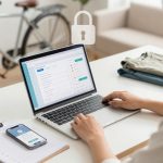 A person uses a laptop displaying a data management interface. A smartphone with a security app is on a clipboard nearby. A bicycle and folded clothes are in the background. A padlock icon suggests data security.