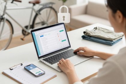 A person uses a laptop displaying a data management interface. A smartphone with a security app is on a clipboard nearby. A bicycle and folded clothes are in the background. A padlock icon suggests data security.