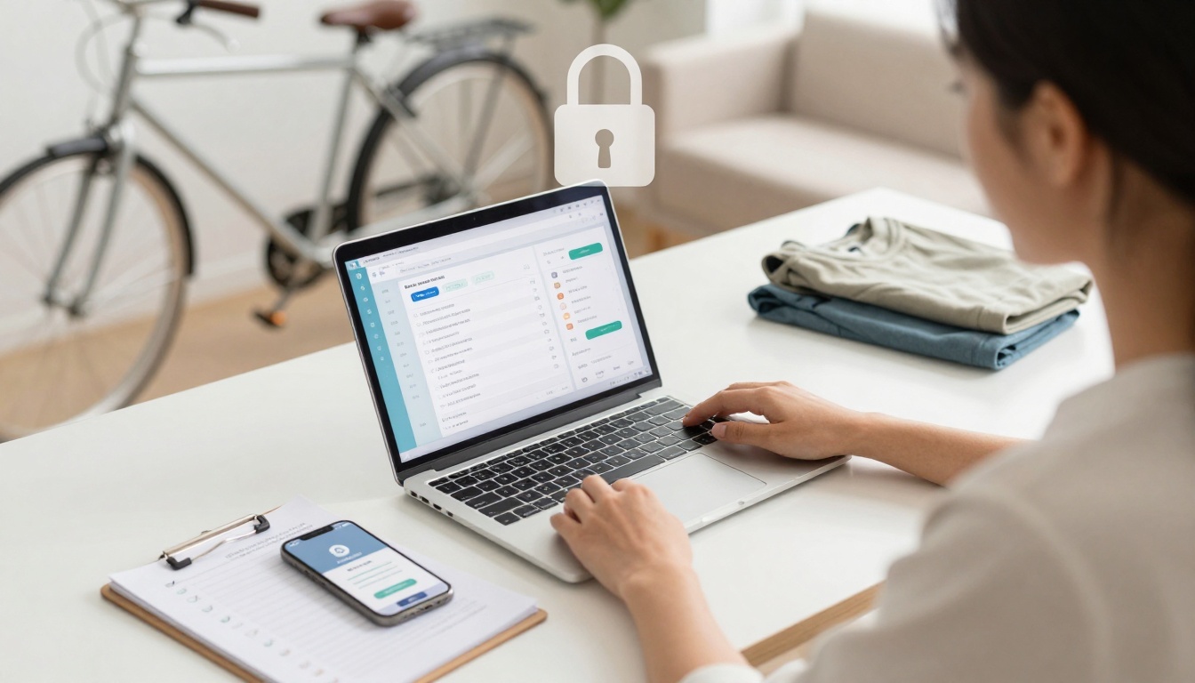 A person uses a laptop displaying a data management interface. A smartphone with a security app is on a clipboard nearby. A bicycle and folded clothes are in the background. A padlock icon suggests data security.