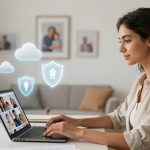A woman sits at a desk using a laptop displaying images. Digital icons of clouds and shields appear above the laptop, suggesting data security. The setting is a bright room with framed photos on the wall and a plant on the desk.
