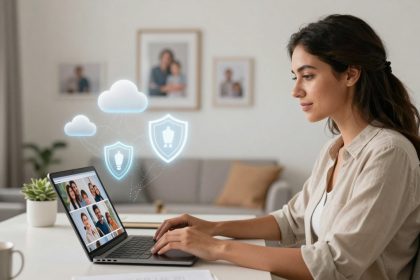 A woman sits at a desk using a laptop displaying images. Digital icons of clouds and shields appear above the laptop, suggesting data security. The setting is a bright room with framed photos on the wall and a plant on the desk.