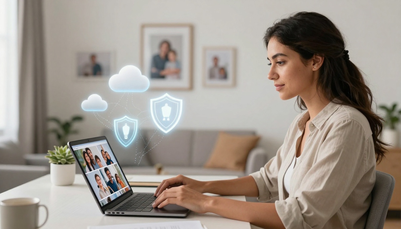 A woman sits at a desk using a laptop displaying images. Digital icons of clouds and shields appear above the laptop, suggesting data security. The setting is a bright room with framed photos on the wall and a plant on the desk.