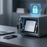 An open safe on a desk contains a document labeled "Recovery Load" and a USB drive. Nearby are a laptop, smartphone, and steaming coffee cup. A digital padlock icon hovers above the safe.