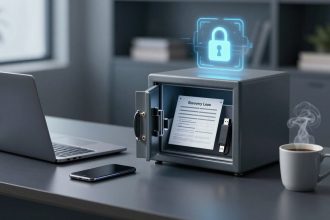 An open safe on a desk contains a document labeled "Recovery Load" and a USB drive. Nearby are a laptop, smartphone, and steaming coffee cup. A digital padlock icon hovers above the safe.