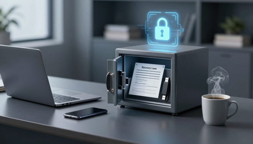 An open safe on a desk contains a document labeled "Recovery Load" and a USB drive. Nearby are a laptop, smartphone, and steaming coffee cup. A digital padlock icon hovers above the safe.