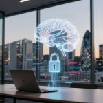 A digital hologram of a brain and padlock floats above a laptop on an office desk. The city skyline is visible through large windows at sunset.