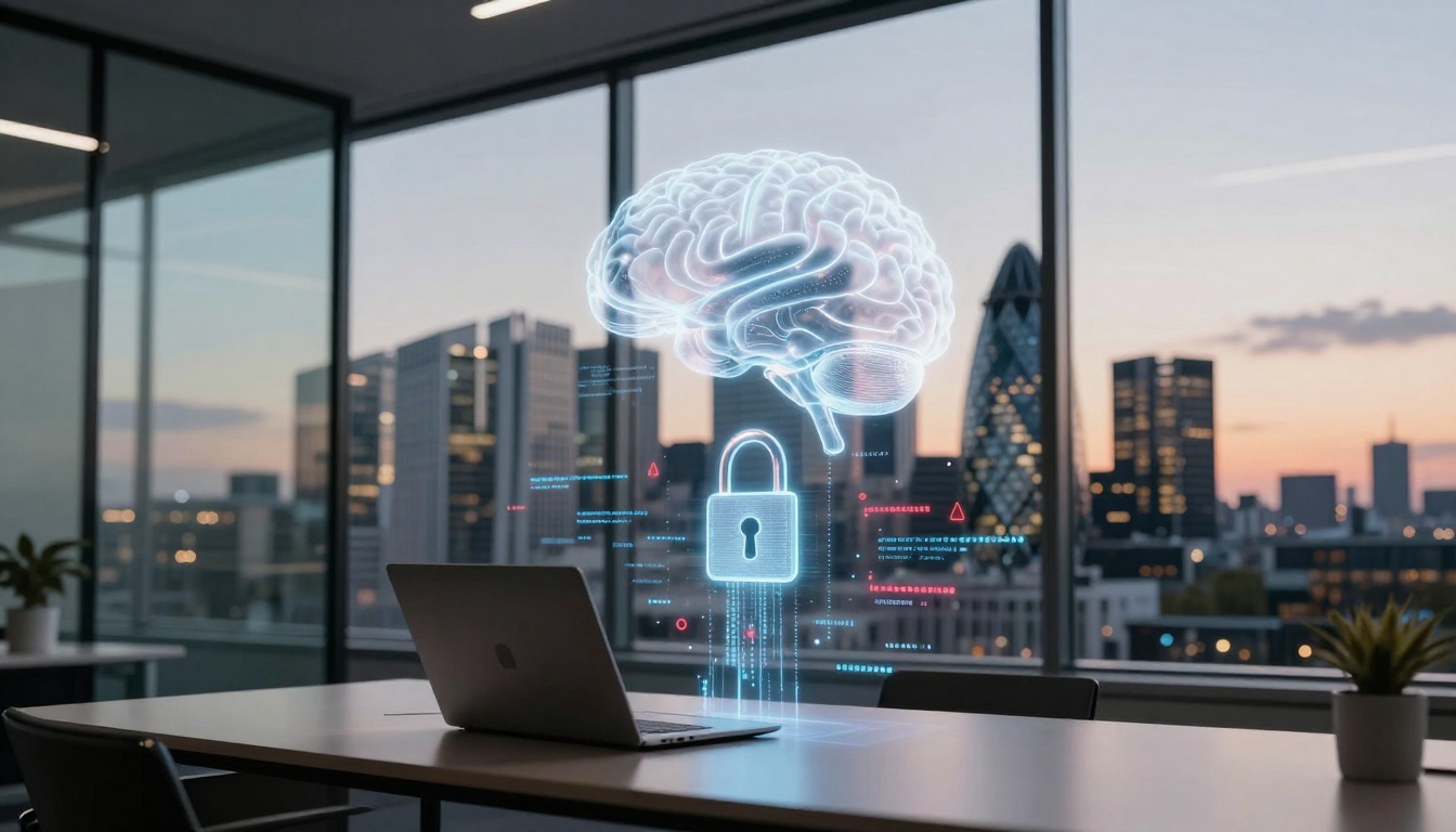 A digital hologram of a brain and padlock floats above a laptop on an office desk. The city skyline is visible through large windows at sunset.
