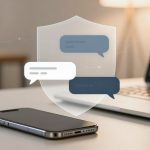 Smartphone on a table with a laptop in the background. Overlay of chat bubbles inside a shield symbol, indicating secure messaging.
