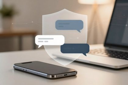 Smartphone on a table with a laptop in the background. Overlay of chat bubbles inside a shield symbol, indicating secure messaging.