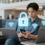 A man sitting in an airport lounge, using a smartphone. There are two laptops on the table in front of him. Digital icons of a lock and Wi-Fi symbols are overlaid, suggesting secure internet connectivity. He is wearing a blue shirt and has a backpack.