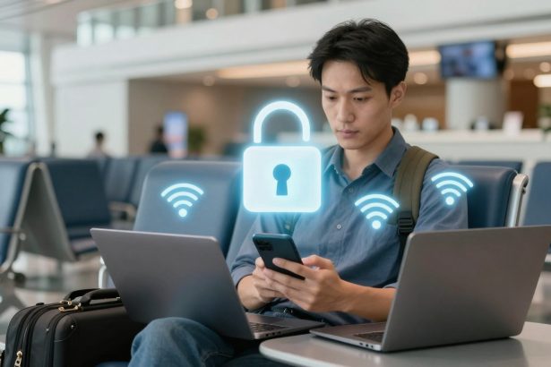 A man sitting in an airport lounge, using a smartphone. There are two laptops on the table in front of him. Digital icons of a lock and Wi-Fi symbols are overlaid, suggesting secure internet connectivity. He is wearing a blue shirt and has a backpack.