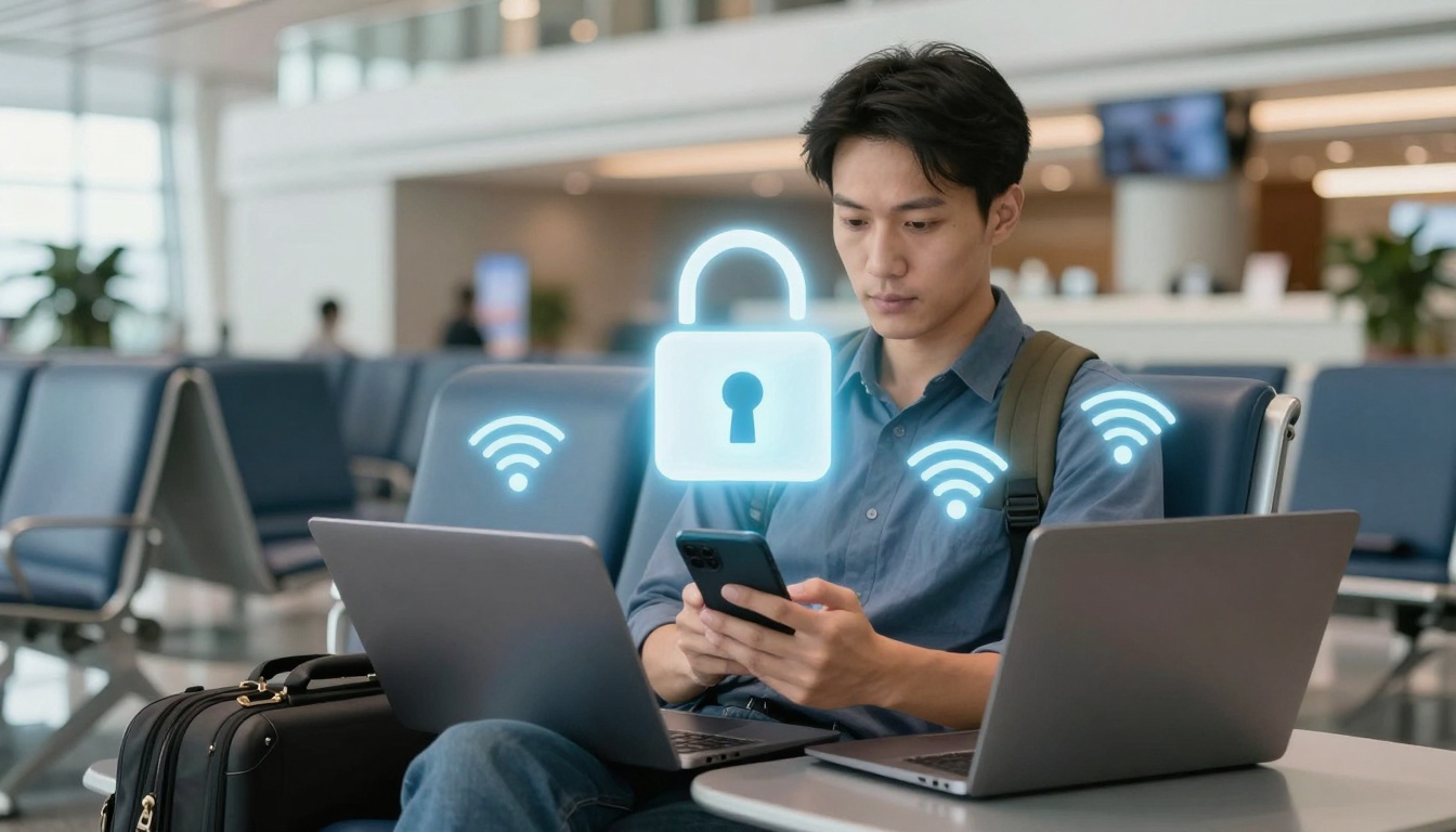 A man sitting in an airport lounge, using a smartphone. There are two laptops on the table in front of him. Digital icons of a lock and Wi-Fi symbols are overlaid, suggesting secure internet connectivity. He is wearing a blue shirt and has a backpack.