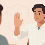 Illustration of a person in a white shirt raising their hand, facing another person. A faint shield outline is in the background.