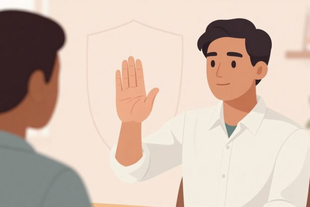 Illustration of a person in a white shirt raising their hand, facing another person. A faint shield outline is in the background.