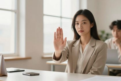 A woman in a beige blazer sits at a desk, raising her hand in a stop gesture. A calendar and phone are on the desk. A person in the background works on a laptop.