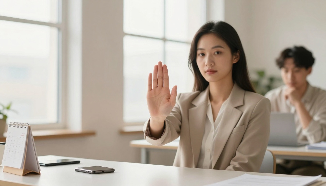 A woman in a beige blazer sits at a desk, raising her hand in a stop gesture. A calendar and phone are on the desk. A person in the background works on a laptop.