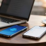 A laptop and two smartphones rest on a wooden table, one displaying the Android logo. A steaming cup of coffee is nearby.