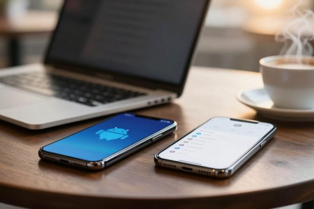 A laptop and two smartphones rest on a wooden table, one displaying the Android logo. A steaming cup of coffee is nearby.