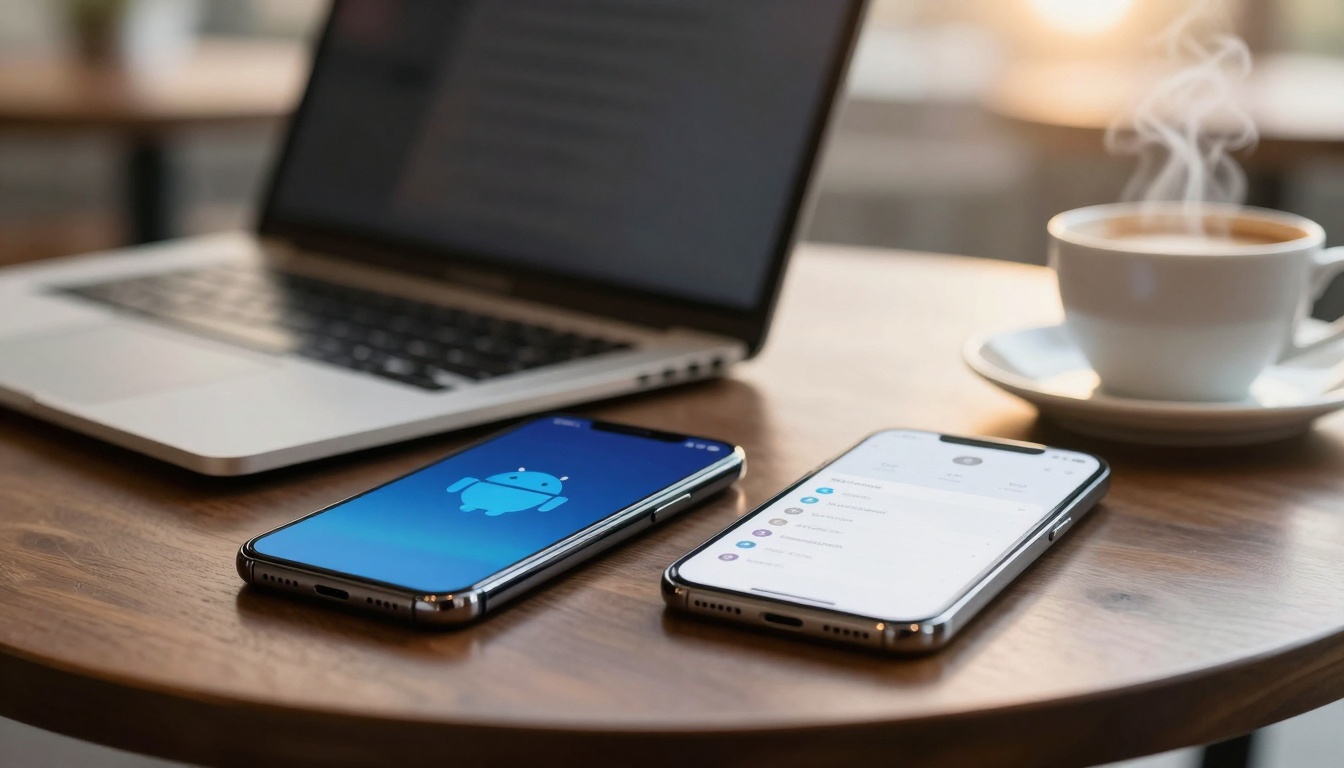 A laptop and two smartphones rest on a wooden table, one displaying the Android logo. A steaming cup of coffee is nearby.