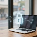 A laptop displaying a digital lock icon with interconnected nodes sits on a wooden table next to a steaming cup of coffee, near a window.