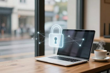 A laptop displaying a digital lock icon with interconnected nodes sits on a wooden table next to a steaming cup of coffee, near a window.