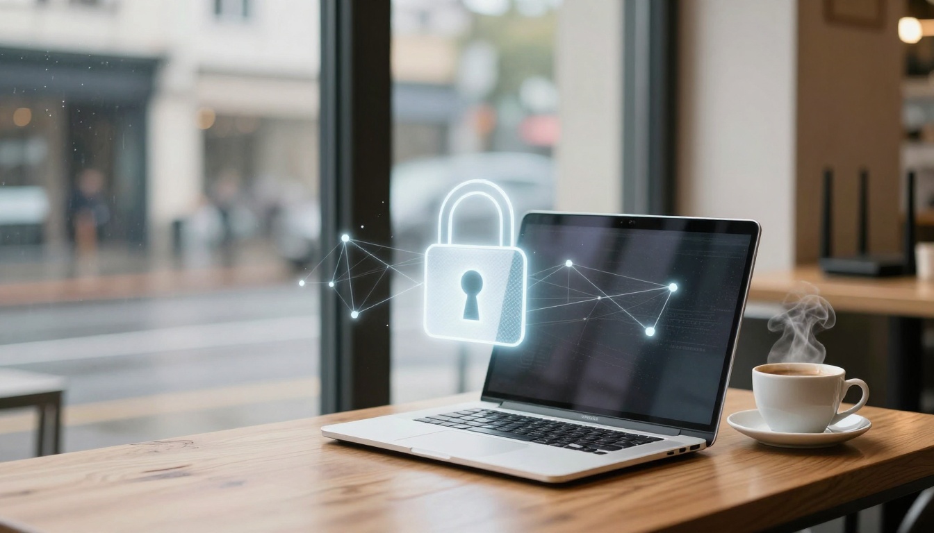 A laptop displaying a digital lock icon with interconnected nodes sits on a wooden table next to a steaming cup of coffee, near a window.
