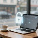 A laptop displaying a digital lock icon and network lines sits on a wooden table next to a steaming cup of coffee, with a cafe window view.