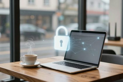 A laptop displaying a digital lock icon and network lines sits on a wooden table next to a steaming cup of coffee, with a cafe window view.