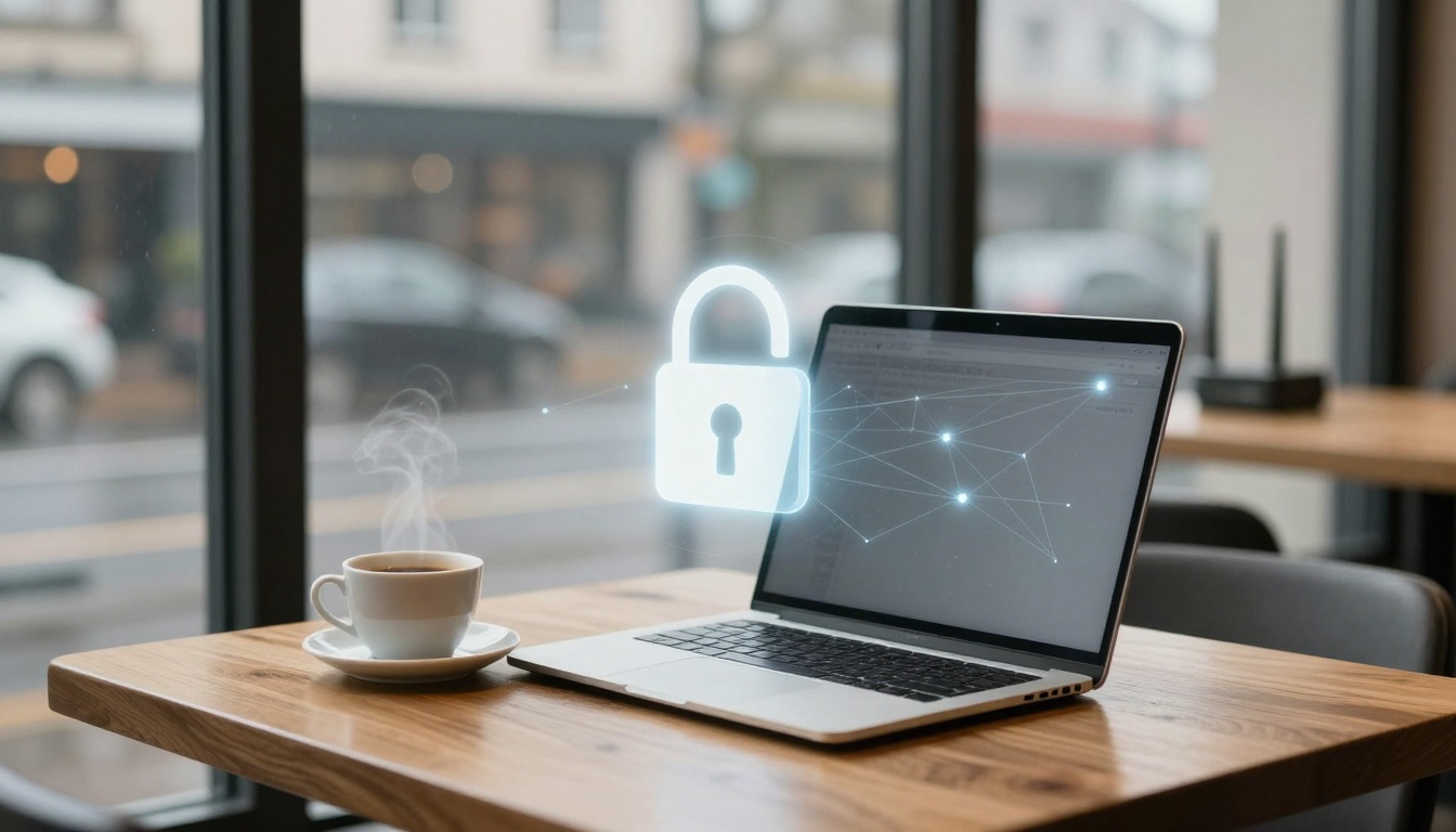 A laptop displaying a digital lock icon and network lines sits on a wooden table next to a steaming cup of coffee, with a cafe window view.
