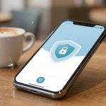 A smartphone displaying a security lock icon is propped up on a wooden table next to a cup of coffee with latte art.