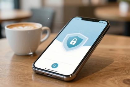 A smartphone displaying a security lock icon is propped up on a wooden table next to a cup of coffee with latte art.