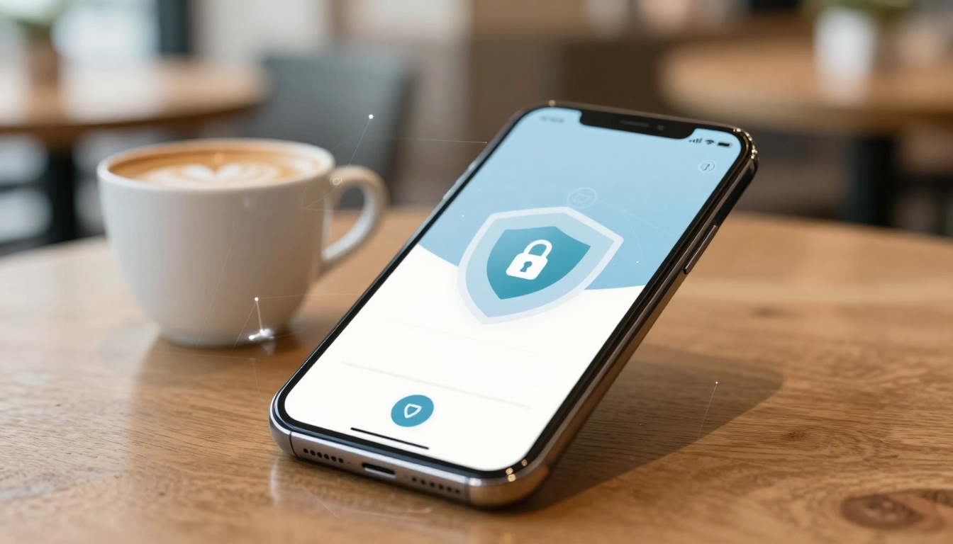 A smartphone displaying a security lock icon is propped up on a wooden table next to a cup of coffee with latte art.