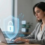 A woman in a gray suit works on a laptop in an office. A digital lock and shield hologram symbolize cybersecurity protection.