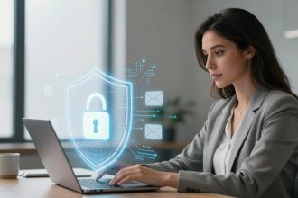A woman in a gray suit works on a laptop in an office. A digital lock and shield hologram symbolize cybersecurity protection.