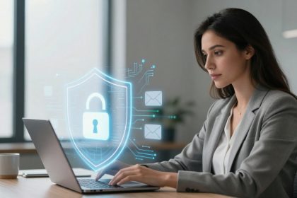 A woman in a gray suit works on a laptop in an office. A digital lock and shield hologram symbolize cybersecurity protection.