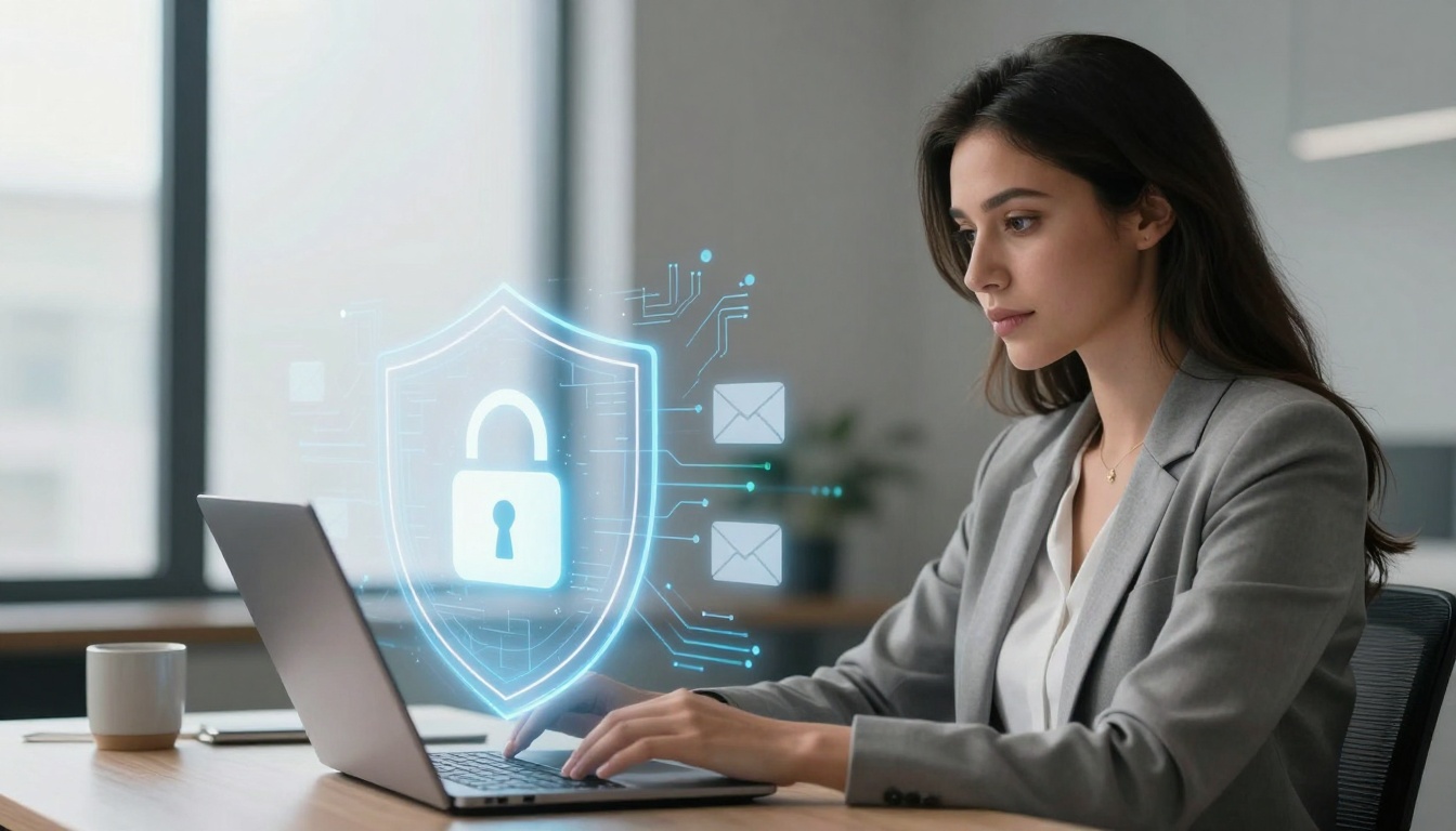 A woman in a gray suit works on a laptop in an office. A digital lock and shield hologram symbolize cybersecurity protection.