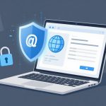 A laptop displaying a web browser window with a globe icon is shown. A blue shield with an "@" symbol and a padlock icon are beside it, symbolizing email security. The background features faint envelope icons.